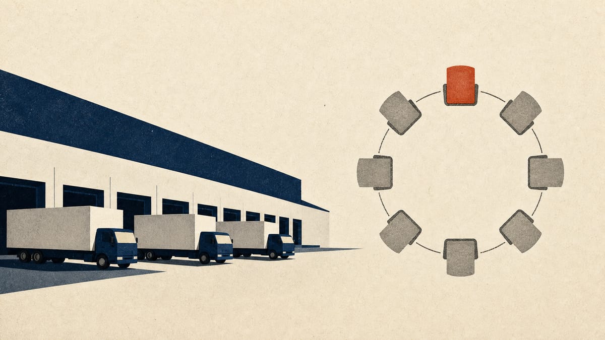 Editorial illustration of freight trucks at a warehouse with an abstract committee-seat diagram highlighting an independent chair.