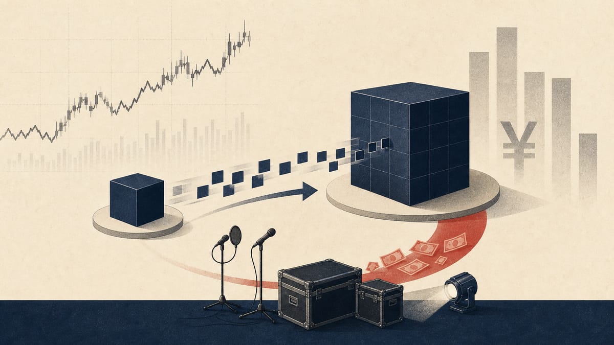 Abstract editorial illustration of a block share transfer from a small subsidiary to a parent company, with price and cash-flow graphics.