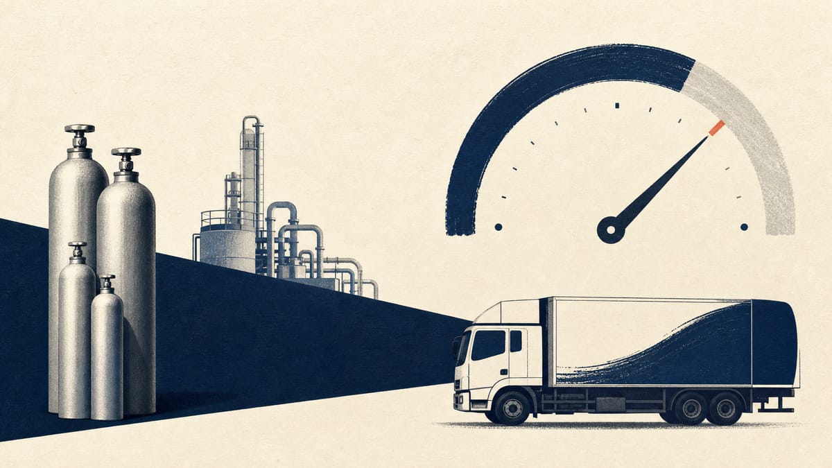 Editorial illustration of industrial gas equipment and delivery assets with a valuation gauge moving toward 1x book value.