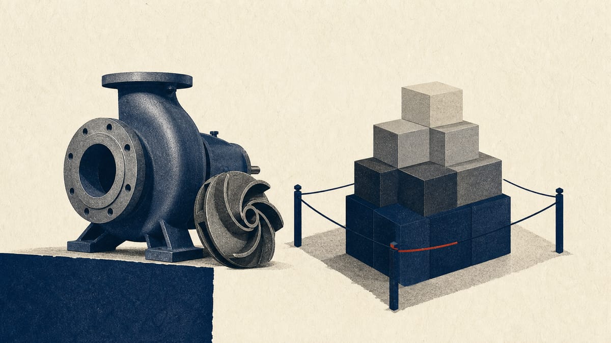 Editorial illustration of industrial pump components beside abstract shareholding blocks and a protective perimeter motif.