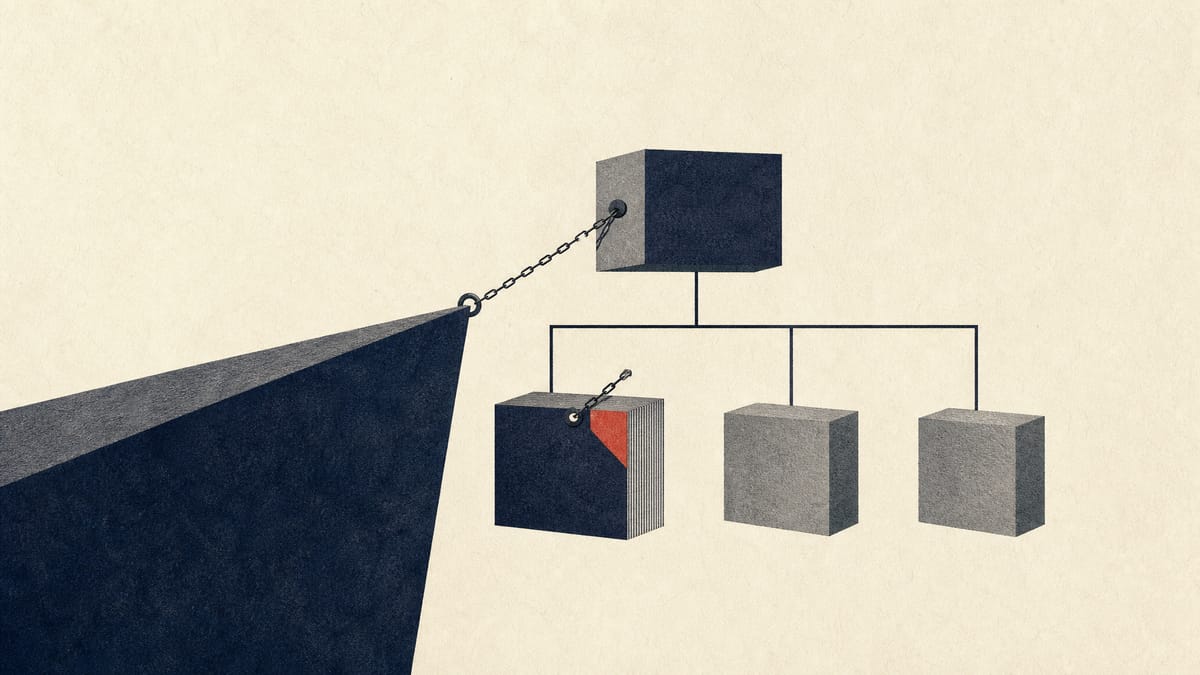 Abstract illustration of interconnected company stakes with collateral markers on pledged subsidiaries and listed shares.