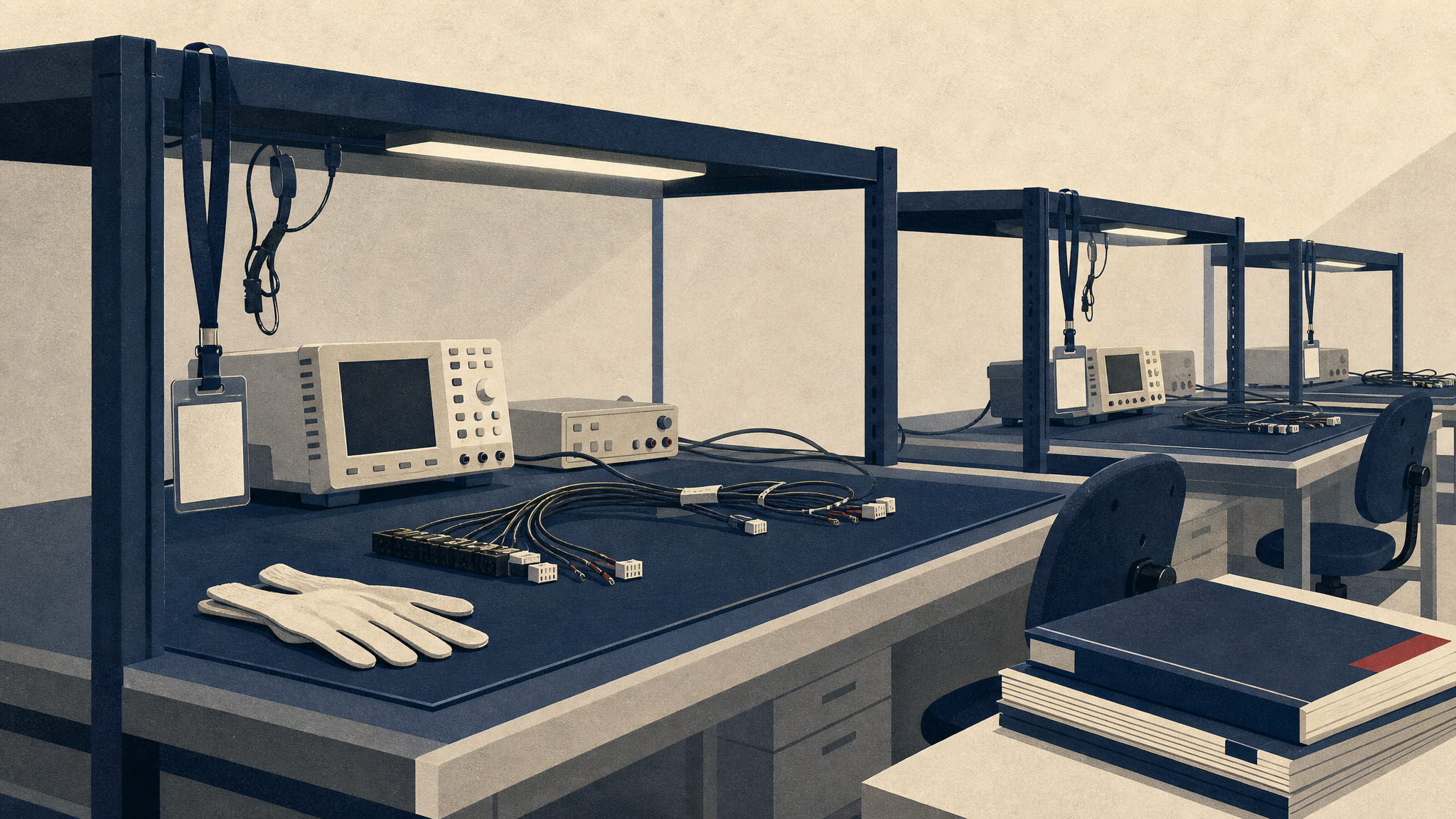 An electronics testing lab with empty anti-static workstations and training materials waiting for staff.