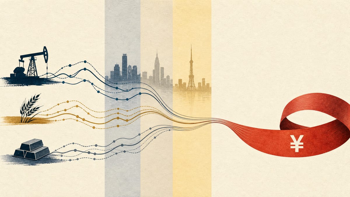 Abstract illustration of commodity futures curves and yen-denominated pricing flowing across multiple market sessions.