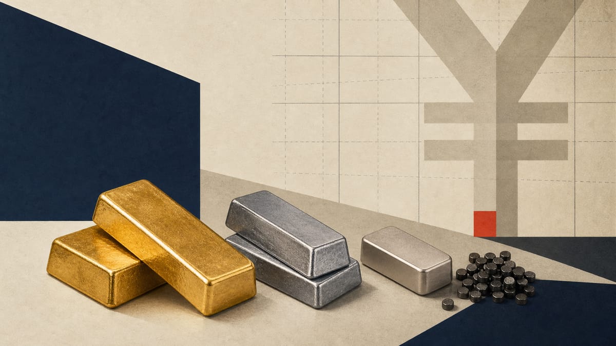 Gold, silver, platinum and palladium investment metals arranged in an editorial still life with abstract yen valuation graphics.