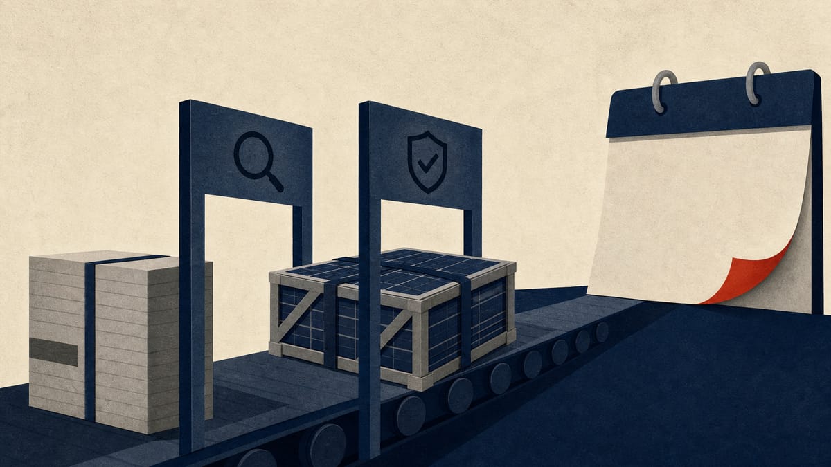 Editorial illustration of audit checkpoints and solar-panel cargo moving toward an August deadline.