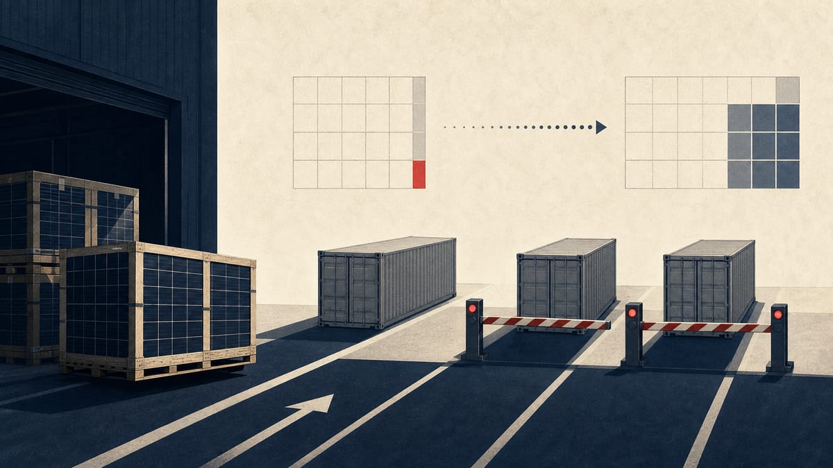 Crated solar panels and shipping containers in a warehouse, with one shipment moving and two held for inspection.