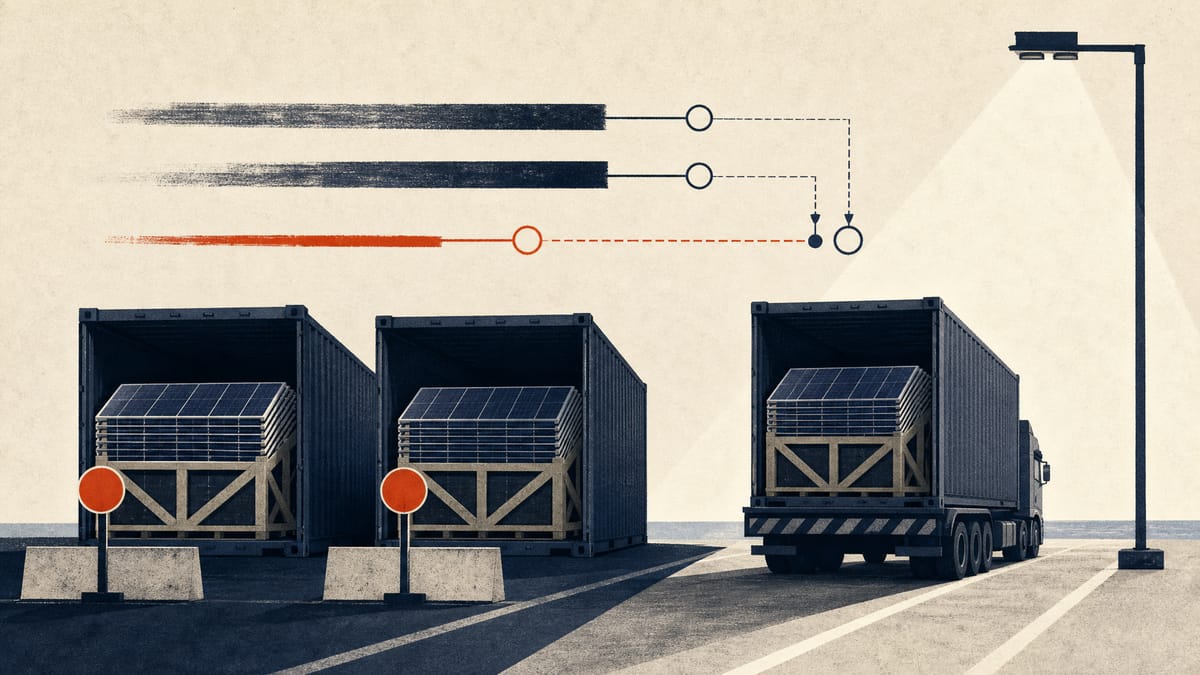 Editorial illustration of solar-panel cargo under customs inspection beside abstract audit timeline checkpoints.