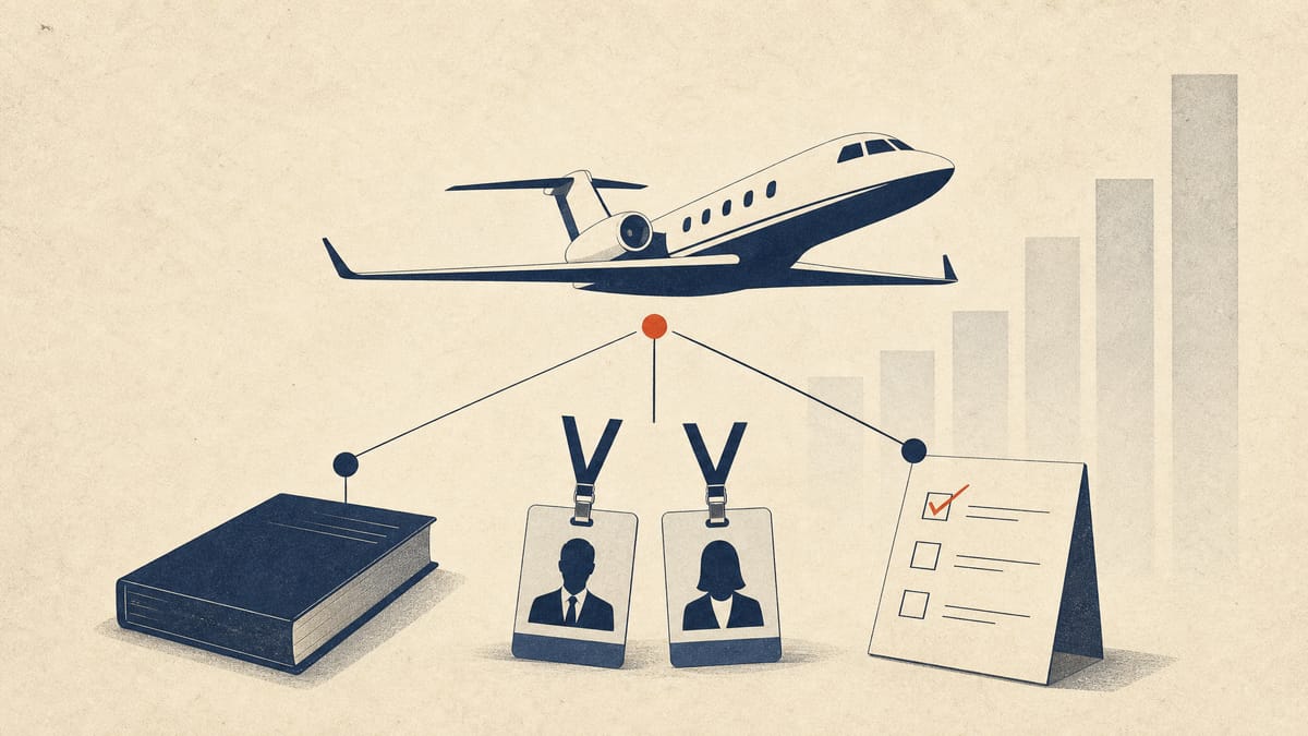 Editorial illustration of a business aircraft outline linked to banking, hiring and governance symbols.
