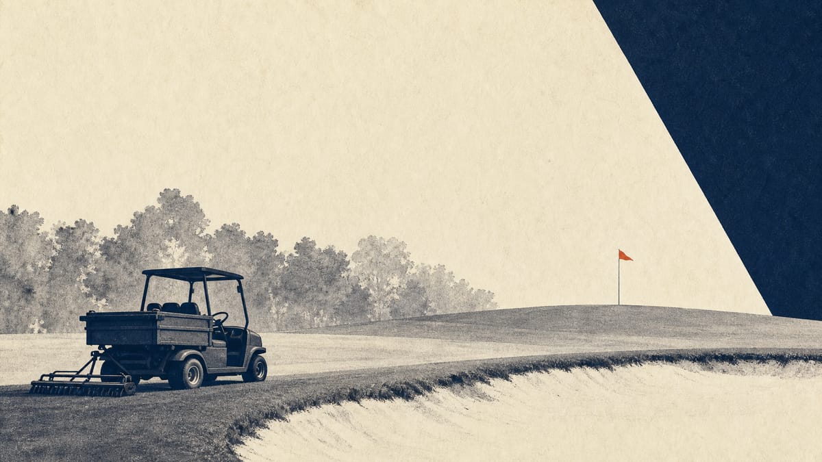 Editorial illustration of an unbranded golf course fairway with a maintenance cart near a bunker.