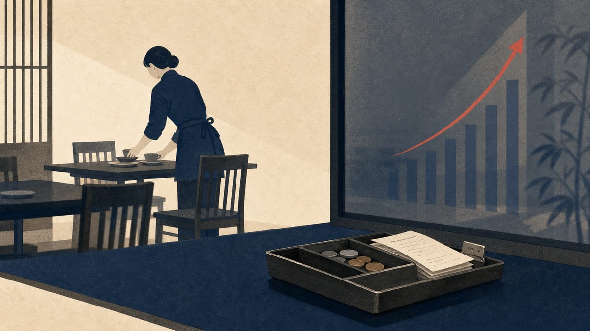 Editorial illustration of reset restaurant tables with receipt slips and a cash till tray, suggesting improved results.