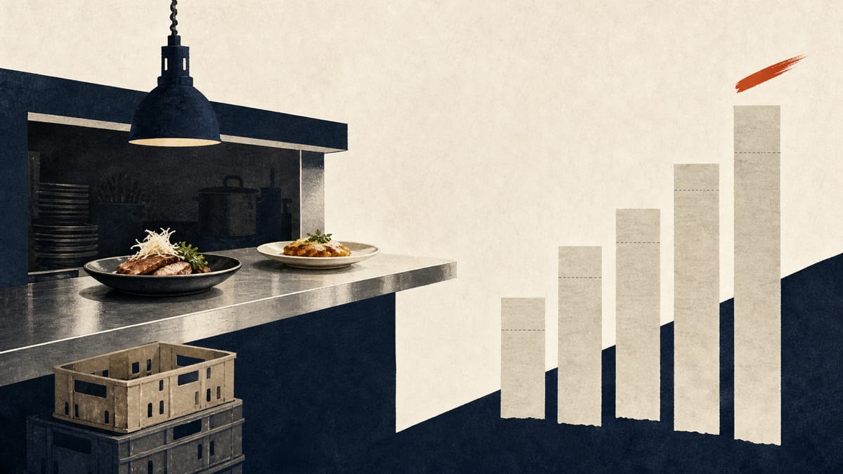 Editorial illustration of a restaurant service counter with stacked inventory crates and abstract rising profit bars.