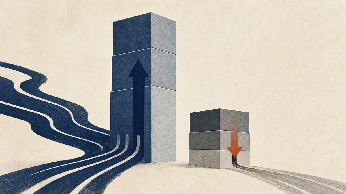 Abstract editorial image showing rising revenue blocks, lower profit blocks and cash-flow channels.