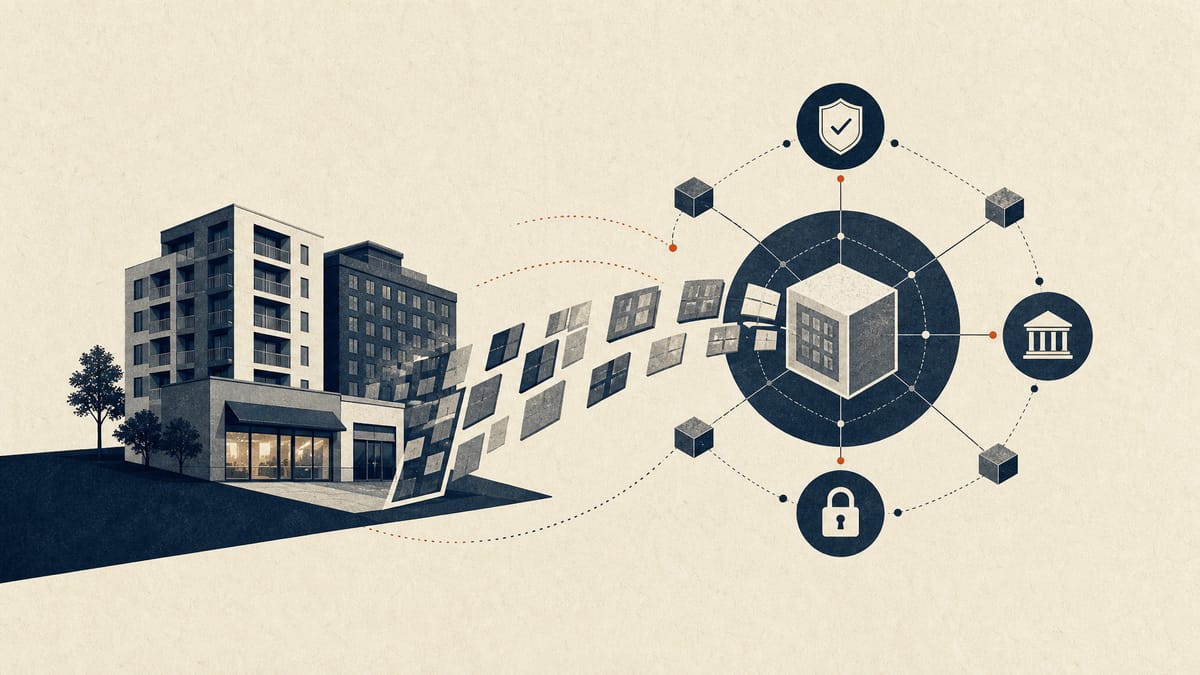 Abstract illustration of Japanese property assets being routed into a digital token network with compliance checkpoints.