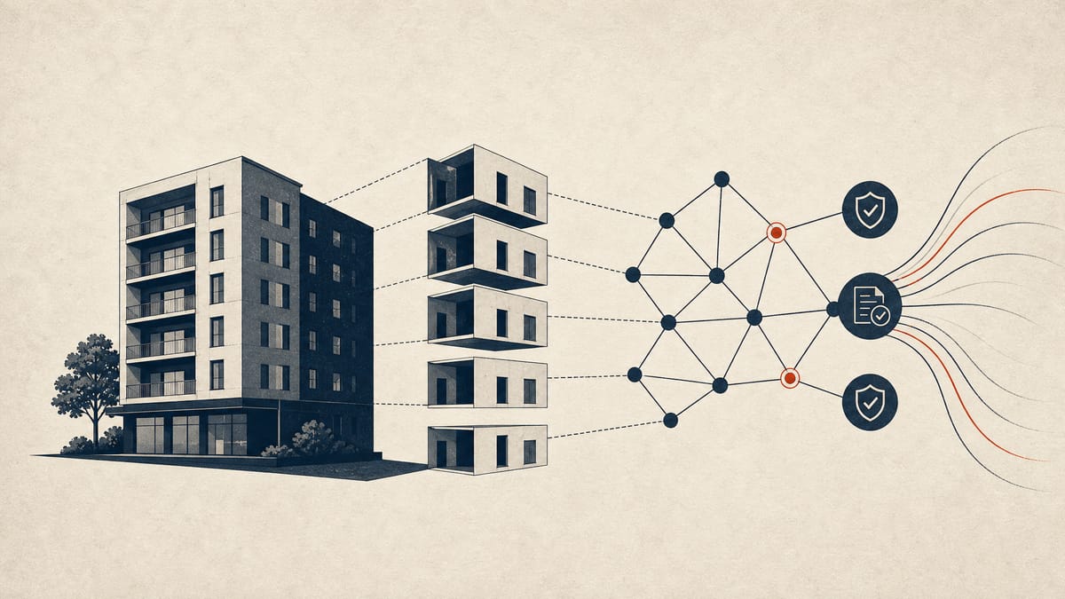 Illustration of tokenized real-estate assets linked to digital network nodes and investor capital flows.