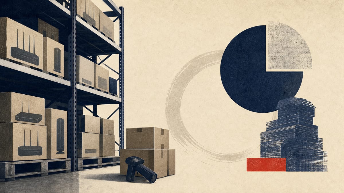 Editorial image of warehouse shelving with boxed networking gear and abstract balance-sheet overlays.