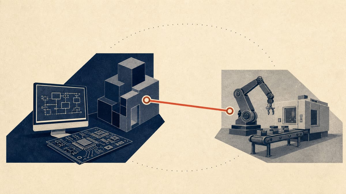 Abstract editorial illustration showing an ownership link between two manufacturing-systems businesses, with separate operating workflows.
