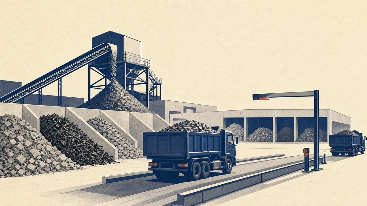 Editorial illustration of waste trucks moving through a recycling yard with sorted industrial materials.