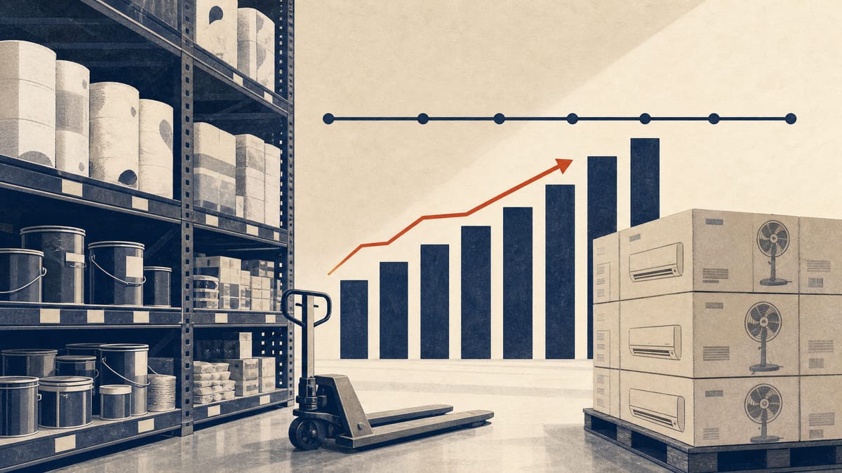 Editorial image of a home-center aisle with paper goods, paint and air conditioners, suggesting strong seasonal demand but a cautious outlook.