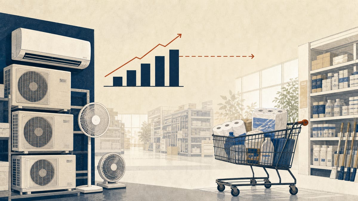 A home improvement store interior with air conditioners, fans and bulk household supplies.