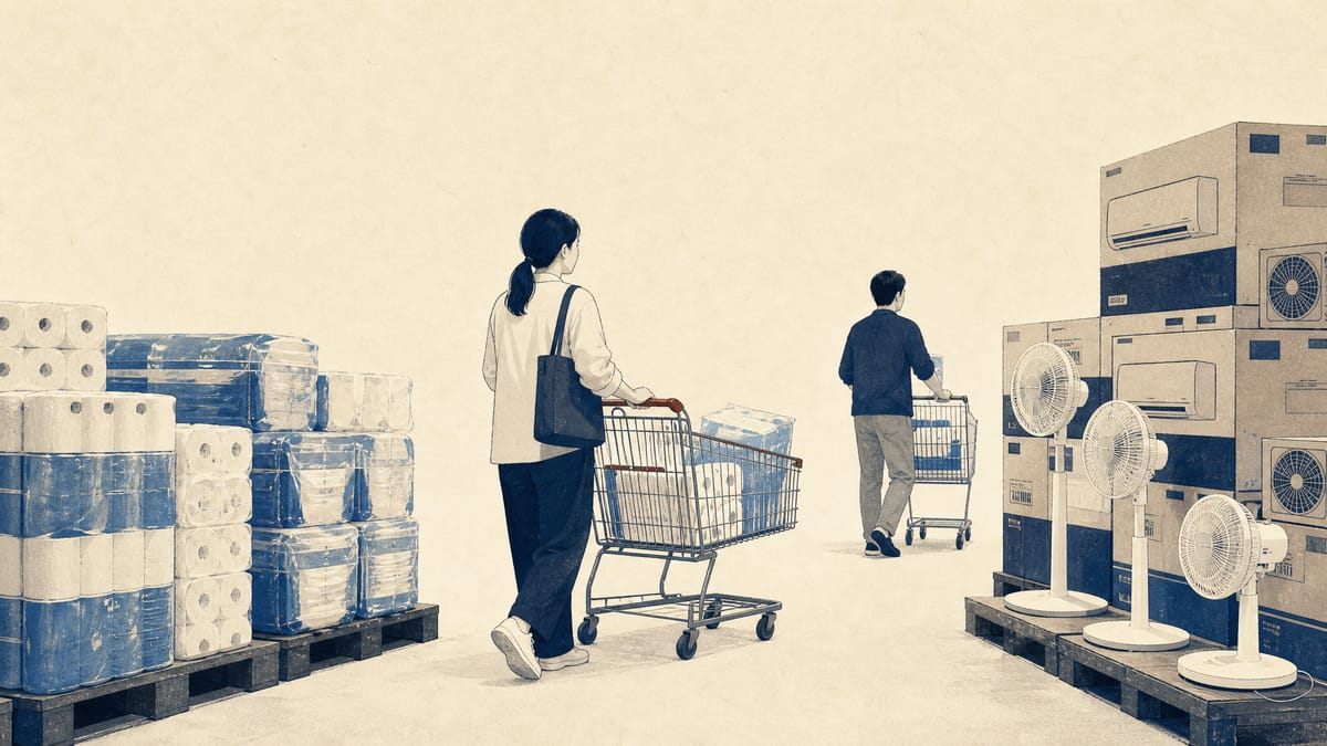 Editorial illustration of a home-improvement store aisle with boxed air conditioners, fans and bulk household paper goods.