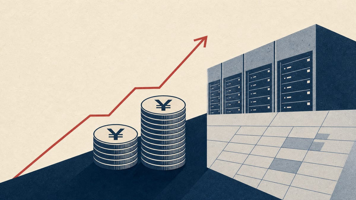 Editorial illustration of yen coins, chart lines and abstract server-rack shapes representing stronger profit and a higher dividend.
