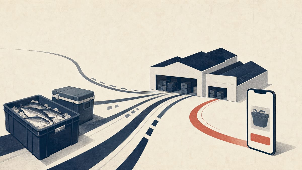 Editorial illustration of reusable fresh-food crates and route lines converging on a wholesale-market fulfillment hub, with a simple smartphone ordering motif.