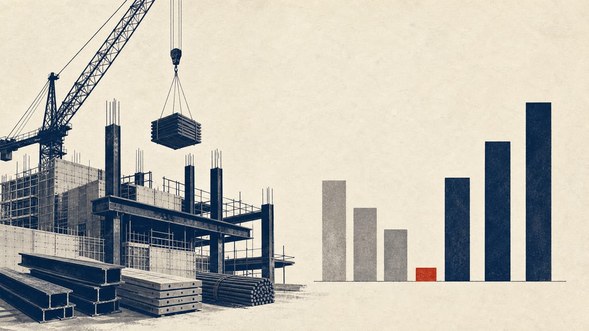 Editorial illustration of a construction site with steel and concrete materials, suggesting lower revenue but stronger cash flow.
