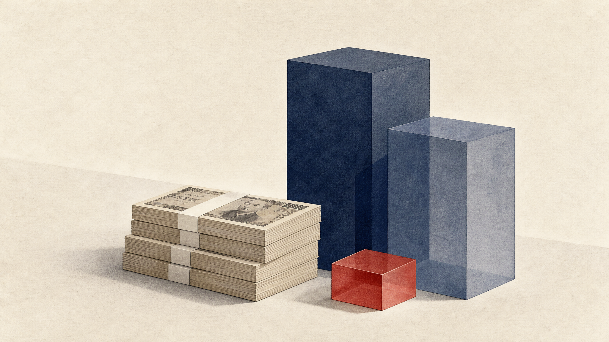 Editorial illustration of stacked yen cash bundles and abstract balance-sheet blocks.
