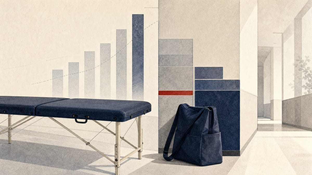 Editorial illustration of a portable treatment table and care worker bag beside abstract financial bars.