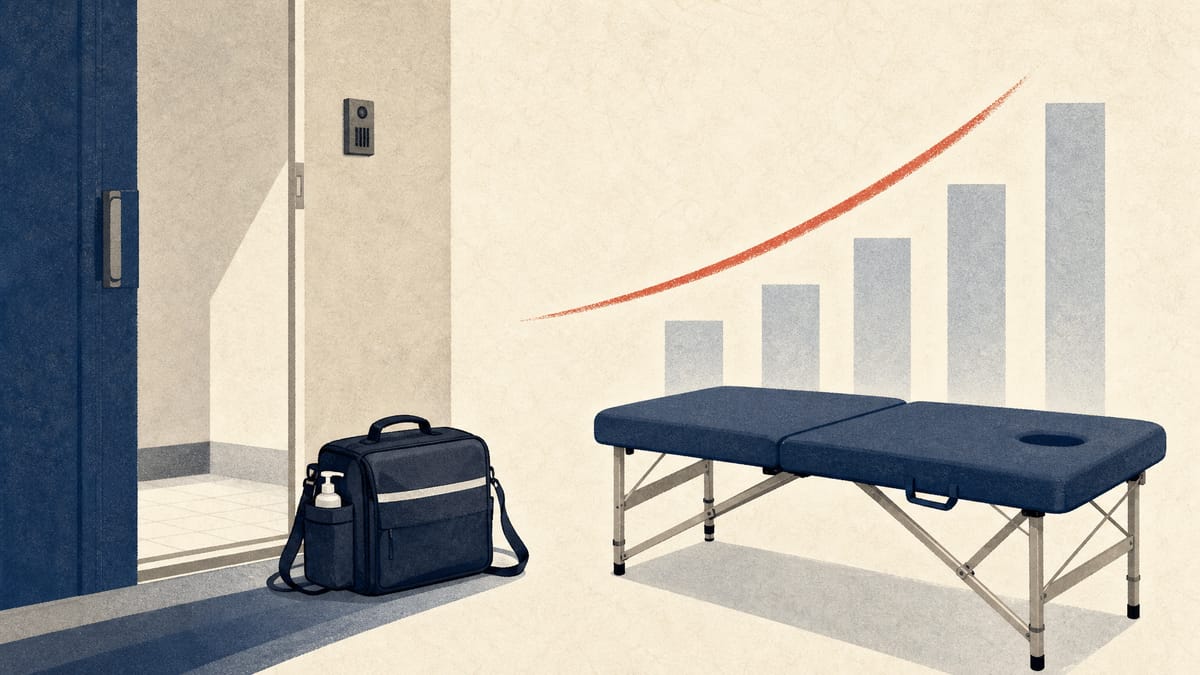 Editorial illustration of home-visit care equipment with abstract financial data in the background.