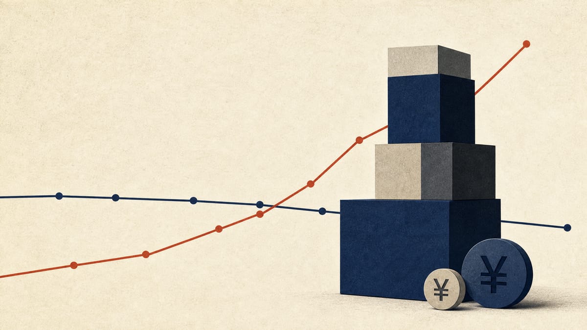 Editorial illustration of a nearly flat revenue line and rising profit line next to stacked balance-sheet blocks.