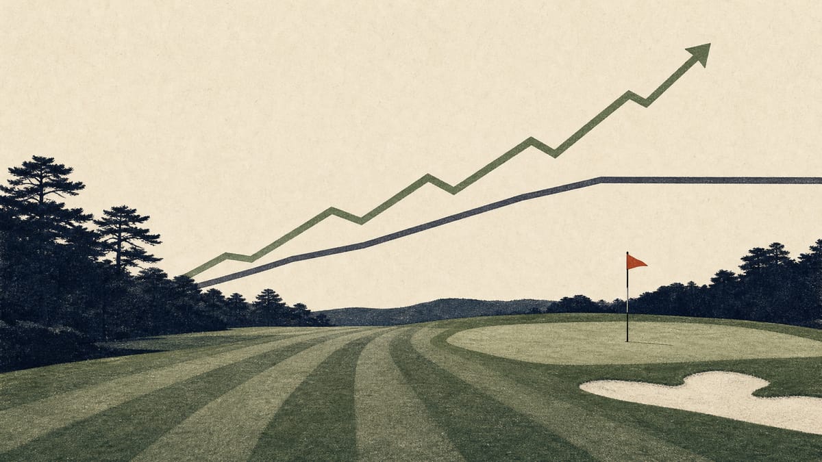 Illustration of a golf fairway with abstract profit and cash-flow lines.