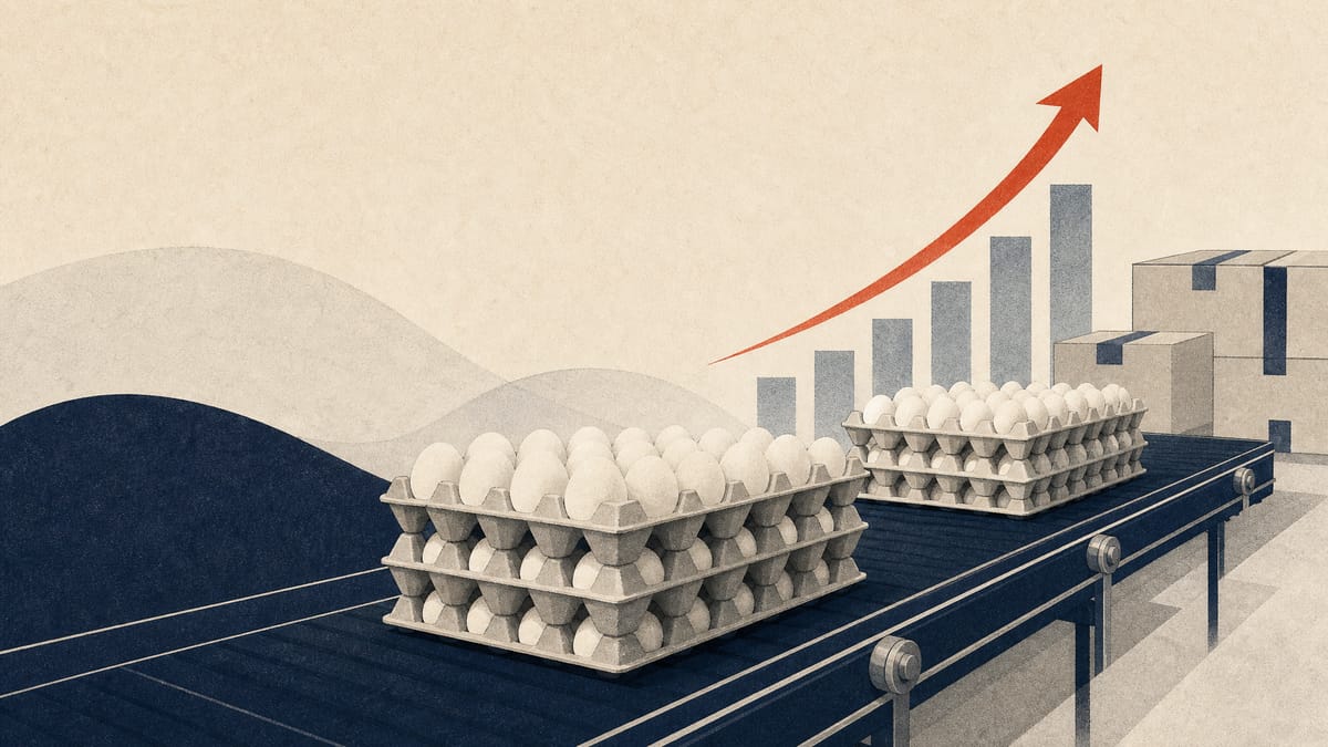 Illustration of egg trays on a processing and packing line with subtle abstract finance overlays.