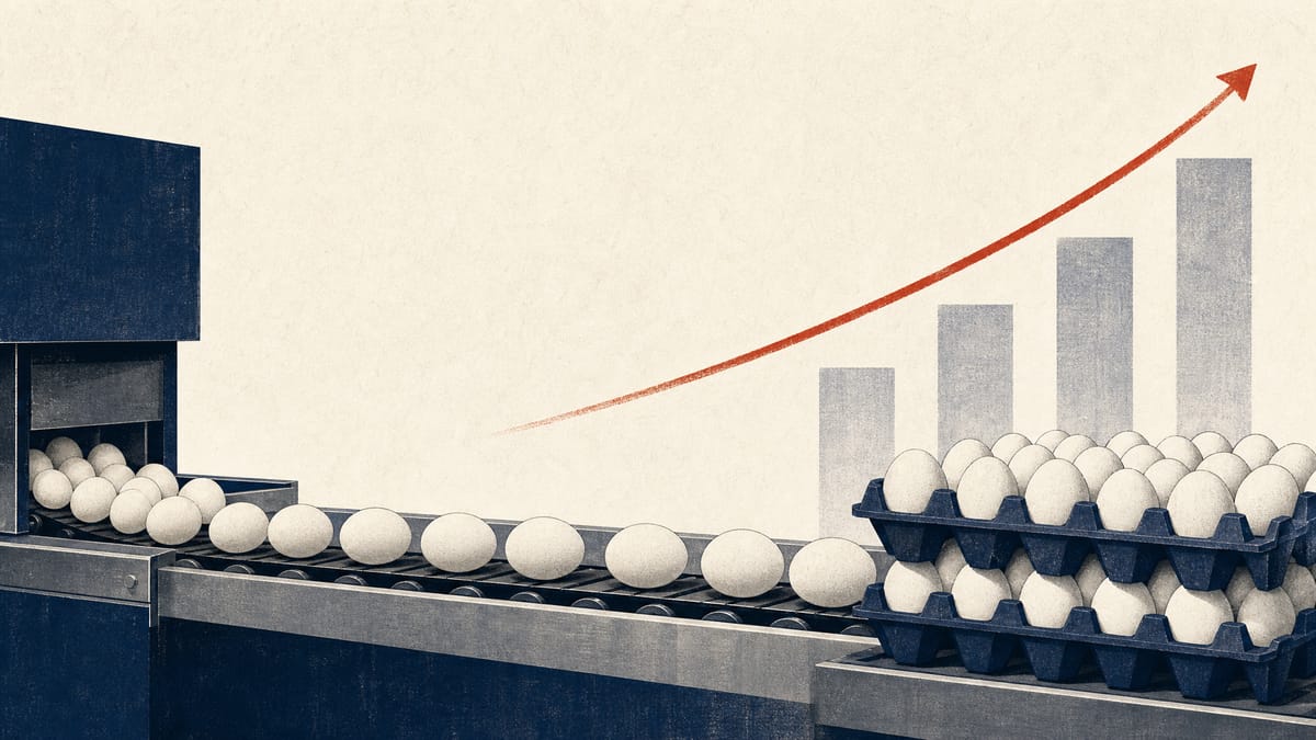 Editorial illustration of eggs on a grading and packing line with an abstract rising payout graphic.