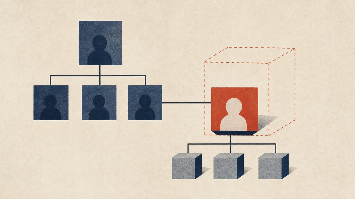 Editorial illustration of a corporate org chart with a highlighted incubation role connected to three subsidiary boards.