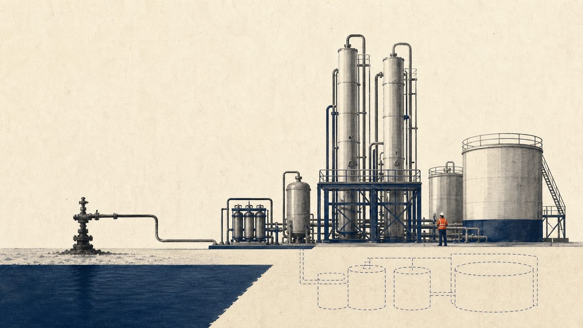 Editorial illustration of brine processing equipment and storage tanks at a US iodine extraction site.