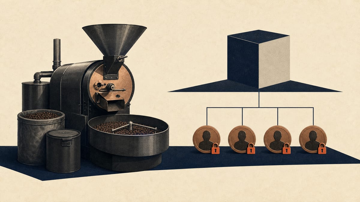 Editorial illustration of a coffee roasting line linked to locked parent-company share awards.