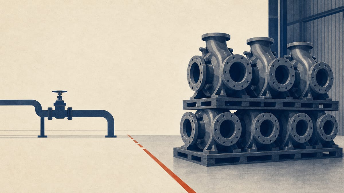 Editorial illustration of industrial pump parts in a warehouse with a threshold marker showing one unit crossing a size line.