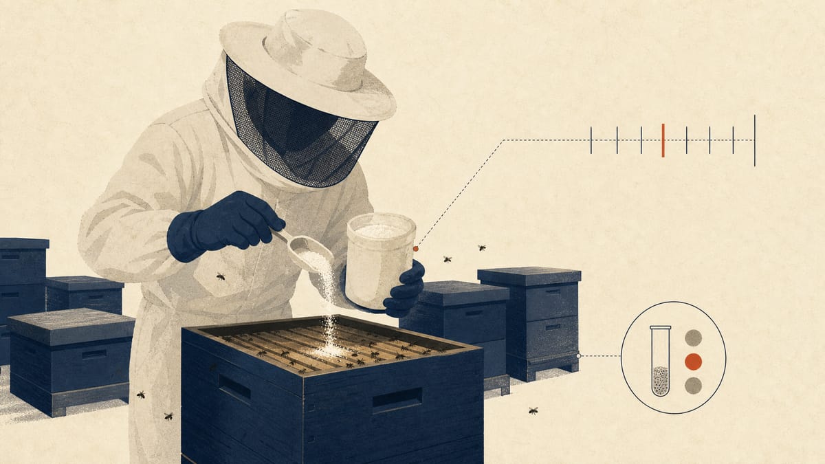 Commercial beehives with a measured powdered treatment being prepared for one brood box.