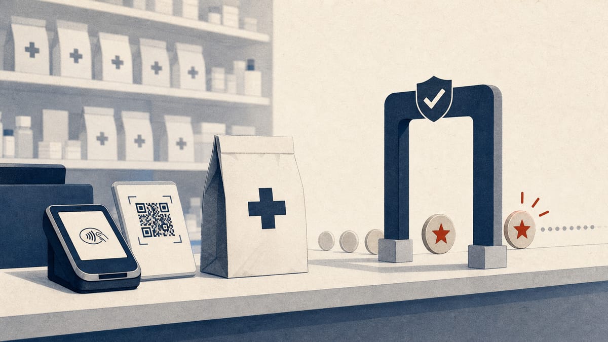 Editorial illustration of a pharmacy payment terminal beside medicine bags, with abstract reward-point symbols passing through a compliance checkpoint.