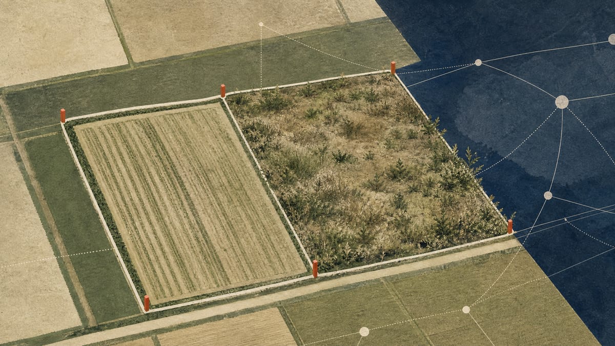 Editorial illustration of rural farmland plots with boundary overlays suggesting a public land registry and land-matching process.