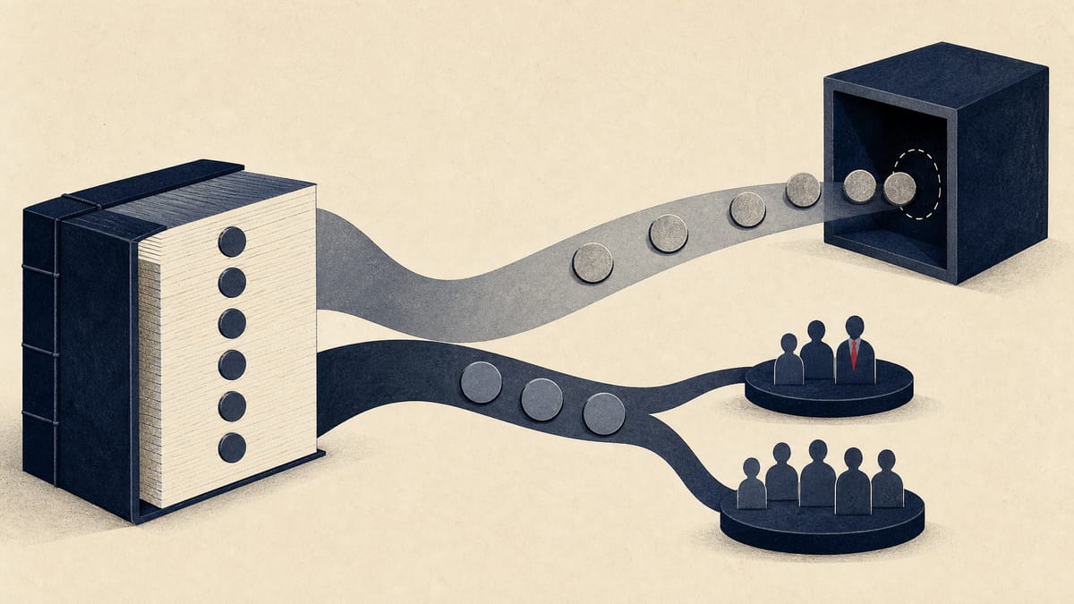 Abstract editorial graphic showing repurchased shares splitting between cancellation and compensation pools.