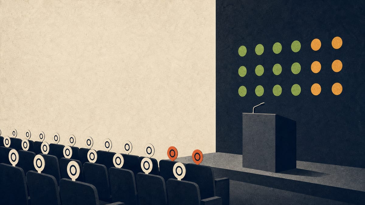 Editorial illustration of a shareholder meeting hall with voting paddles and abstract audit-status lights.