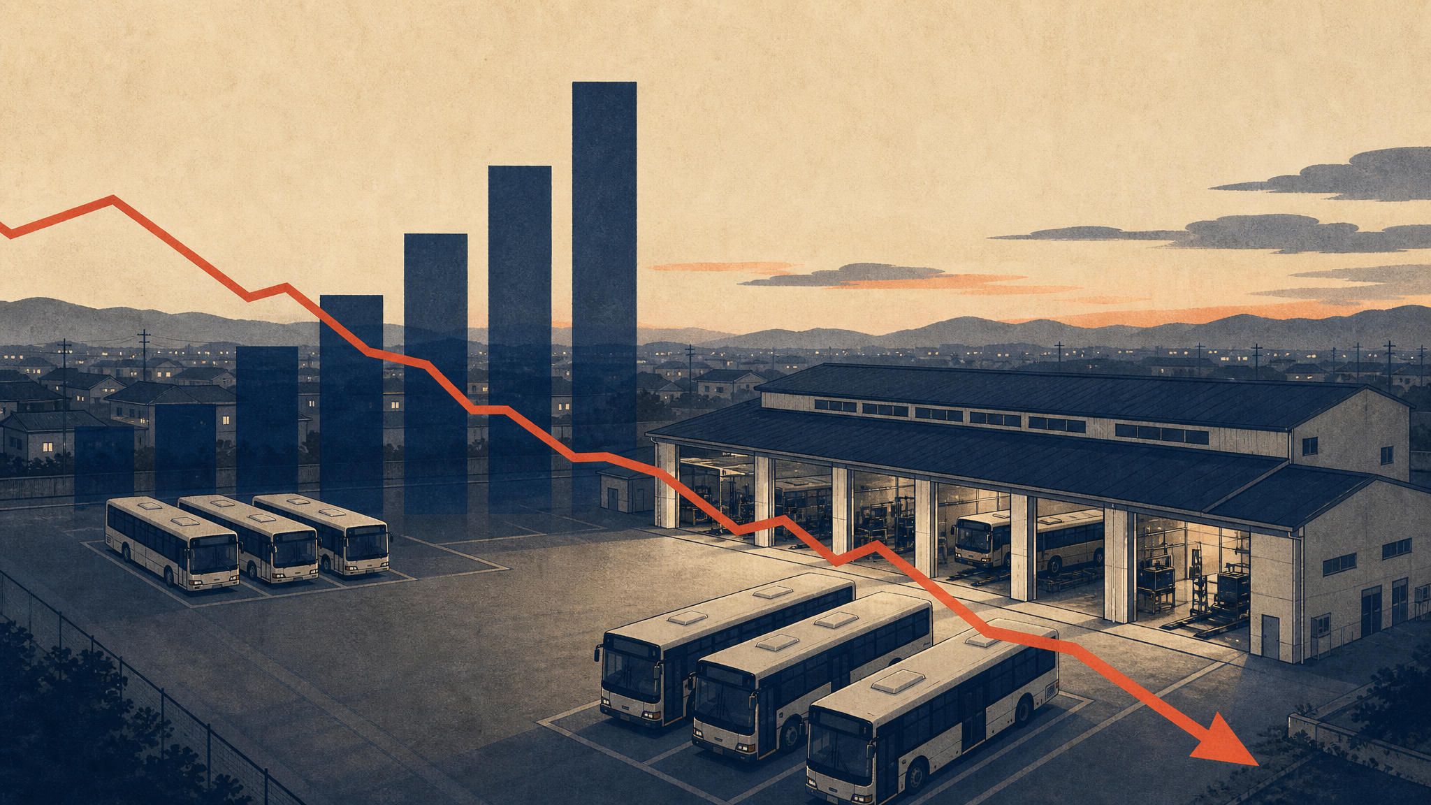 Editorial illustration of a regional transport depot with rising sales bars and falling profit lines.