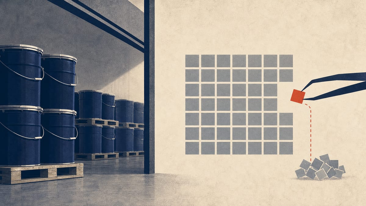 Unlabeled industrial paint drums in a warehouse with an abstract shrinking grid representing a share buyback and cancellation.