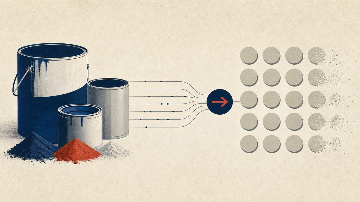 Illustration of paint containers and an abstract shrinking grid of shares to represent Kansai Paint's buyback.