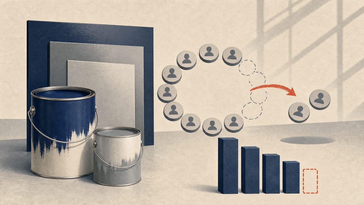 Abstract editorial image of paint cans and disappearing share tokens with yen bars, representing Kansai Paint's buyback and planned share cancellation.