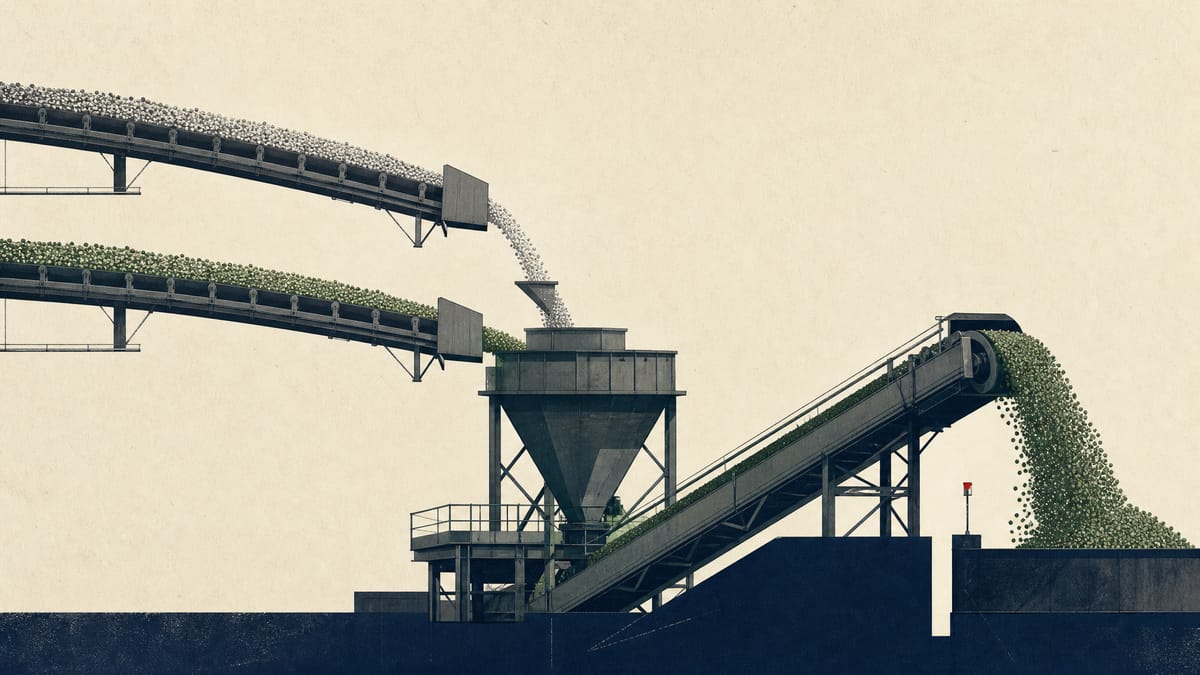 Editorial illustration of a fertilizer plant interior with conveyors and hoppers, suggesting two shareholder links and a heavier sales flow to one customer network.