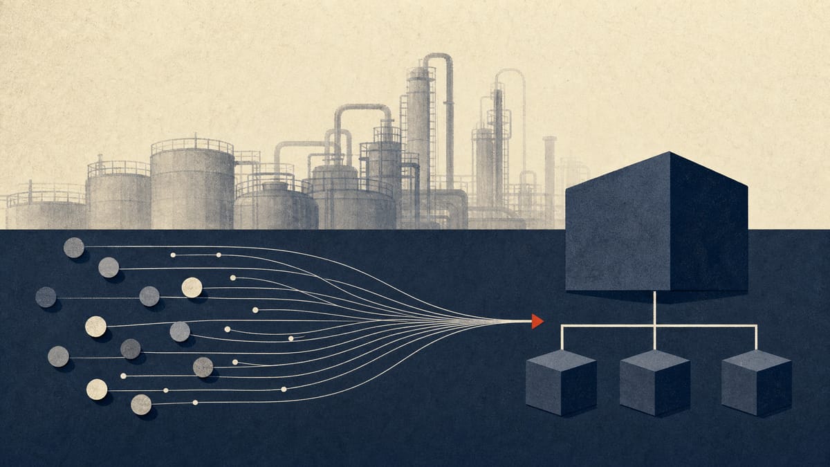 Abstract editorial image of a chemical plant with share-flow graphics and vote markers representing approval of a corporate share exchange.