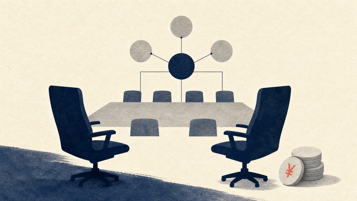 Abstract illustration of two executive seats linked to a board oversight committee diagram and yen dividend tokens.